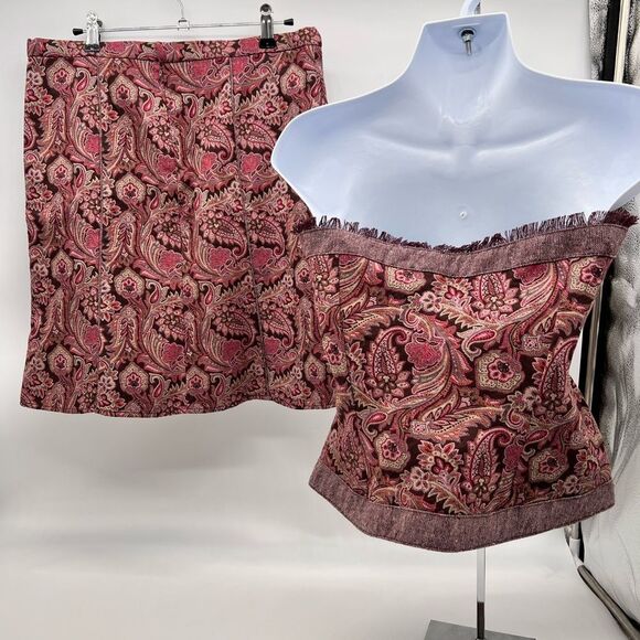 True Meaning Two Piece Skirt/Top Set in Paisley Brocade w/Contrasting Trim-Sz 6 - Picture 2 of 13